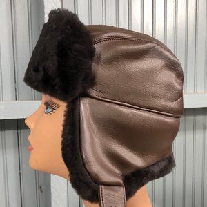 Langenberg Brown Vinyl Trooper 6 7/8 Winter Hat Ear Flaps Made USA